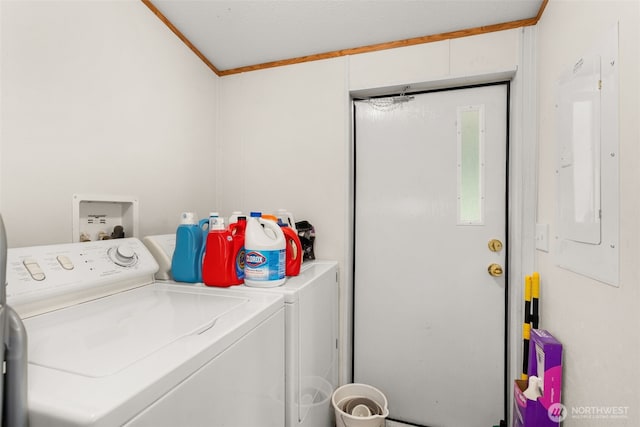 1201 8th St, Vader, WA 98593 - laundry room featuring separate washer and dryer, electric panel, and crown molding