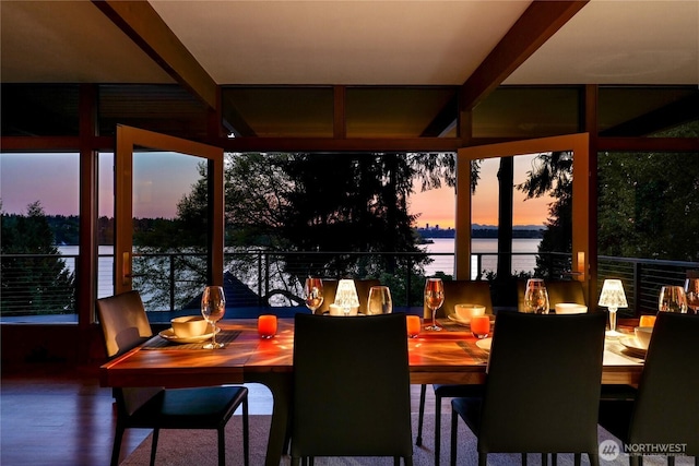 2019 Killarney Way, Bellevue, WA 98004 - sunroom / solarium featuring a water view, plenty of natural light, and beam ceiling