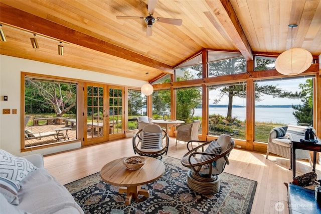 317 Eagles Roost Ln, Lopez Island, WA 98261 - living room featuring french doors, a water view, wooden ceiling, hardwood / wood-style floors, and a ceiling fan