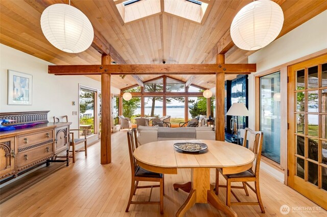 317 Eagles Roost Ln, Lopez Island, WA 98261 - dining area with a skylight, light wood-style floors, wood ceiling, and a water view
