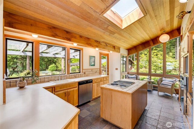 317 Eagles Roost Ln, Lopez Island, WA 98261 - kitchen with stainless steel appliances, a sink, stone tile flooring, tile counters, and a skylight