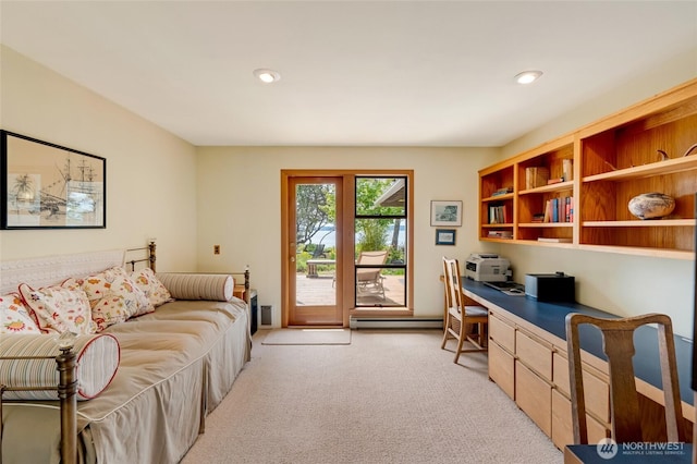 317 Eagles Roost Ln, Lopez Island, WA 98261 - office space with built in study area, a baseboard radiator, light colored carpet, and recessed lighting