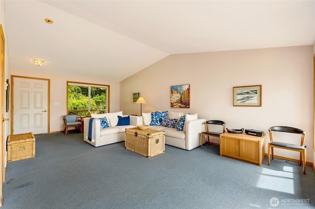 317 Eagles Roost Ln, Lopez Island, WA 98261 - living room featuring carpet floors, vaulted ceiling, and baseboards