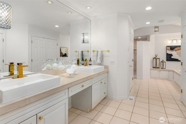 16822 SE 26th St, Bellevue, WA 98008 - full bath featuring double vanity, tile patterned flooring, recessed lighting, ornamental molding, and a shower