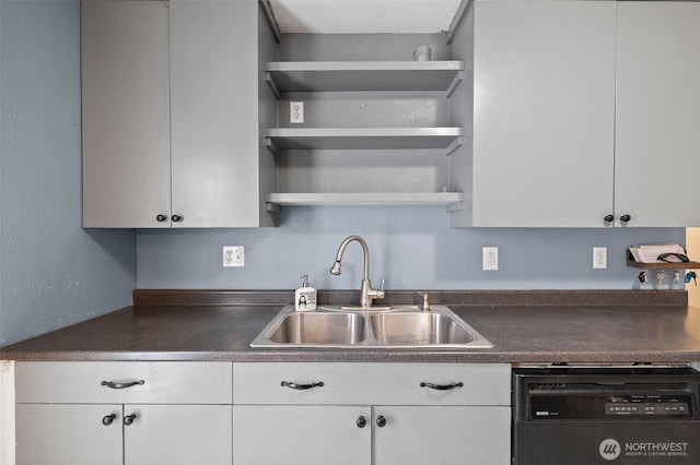 3710 Rucker Ave, Everett, WA 98201 - kitchen featuring dishwashing machine, dark countertops, a sink, and open shelves
