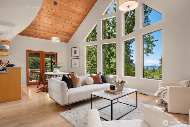 3803 SW Orchard St, Seattle, WA 98126 - living area with high vaulted ceiling, healthy amount of natural light, light wood-type flooring, baseboards, and wooden ceiling