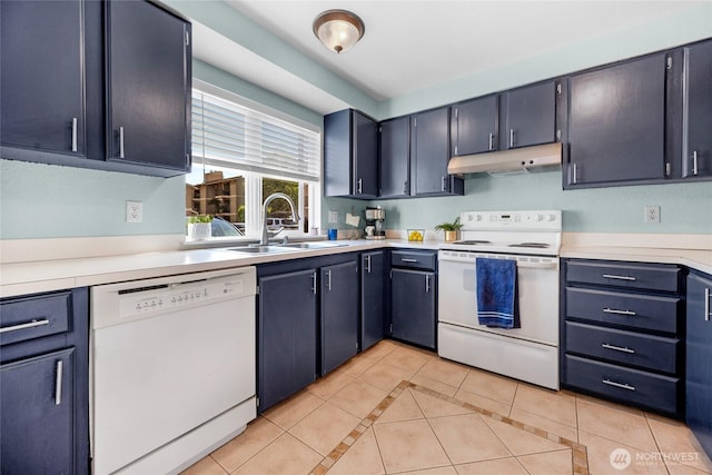 20110 60th Ave W Unit F26, Lynnwood, WA 98036 - kitchen featuring white appliances, under cabinet range hood, a sink, light tile patterned flooring, and light countertops