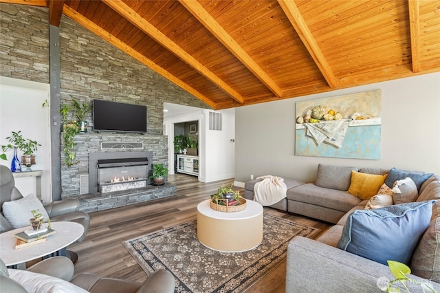3161 Locust Ave, Bellingham, WA 98225 - living room with wooden ceiling with exposed beams, wood finished floors, a fireplace, and high vaulted ceiling
