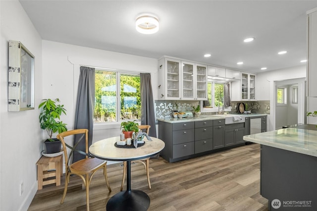 3161 Locust Ave, Bellingham, WA 98225 - kitchen with gray cabinetry, a sink, light wood-type flooring, light countertops, and glass insert cabinets