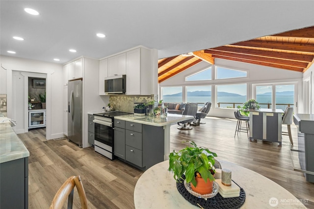 3161 Locust Ave, Bellingham, WA 98225 - kitchen with stainless steel appliances, light countertops, white cabinetry, decorative backsplash, and wood finished floors