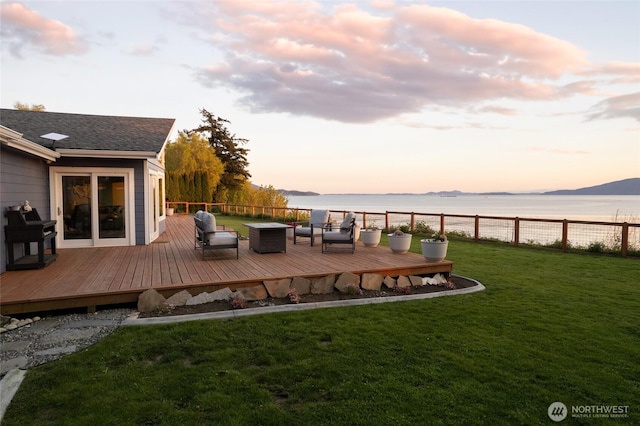 3161 Locust Ave, Bellingham, WA 98225 - deck at dusk with a water and mountain view and outdoor lounge area
