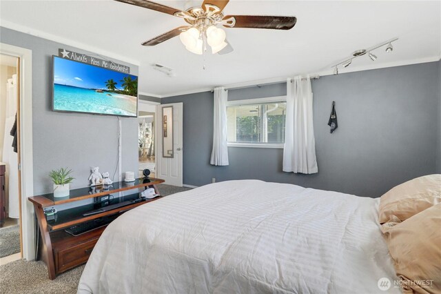 108 2nd St SE, Rainier, WA 98576 - bedroom with carpet floors, ceiling fan, ornamental molding, and rail lighting