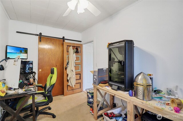 108 2nd St SE, Rainier, WA 98576 - carpeted office space featuring ceiling fan, crown molding, and a barn door