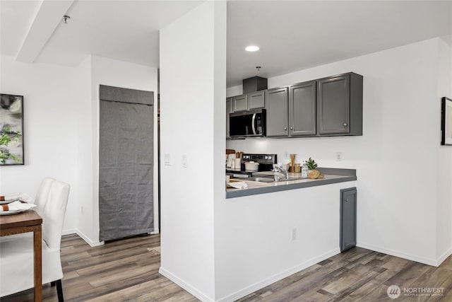 3717 California Ave SW Unit 304, Seattle, WA 98116 - kitchen with stainless steel microwave, wood finished floors, electric stove, baseboards, and recessed lighting