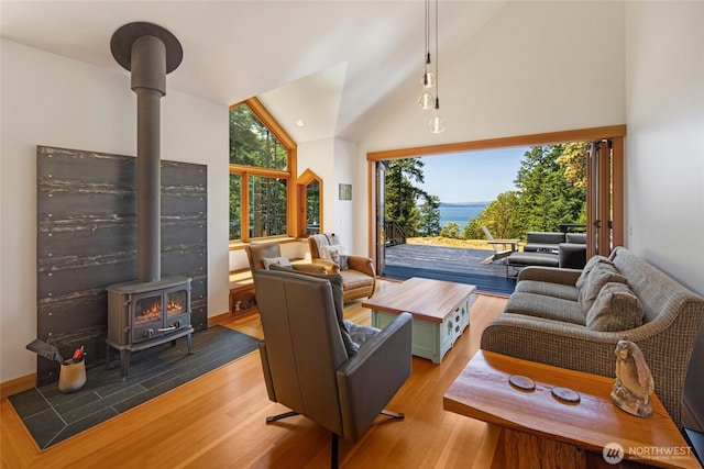 815 Carefree Way, Friday Harbor, WA 98250 - living room with a wood stove, vaulted ceiling, wood finished floors, and a water view