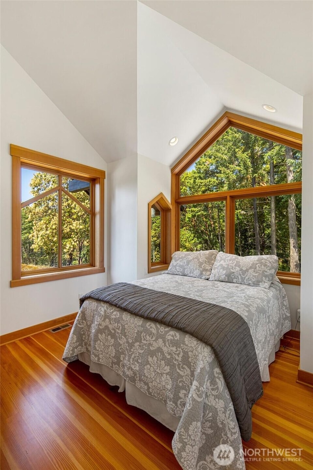 815 Carefree Way, Friday Harbor, WA 98250 - bedroom with vaulted ceiling, wood finished floors, and recessed lighting