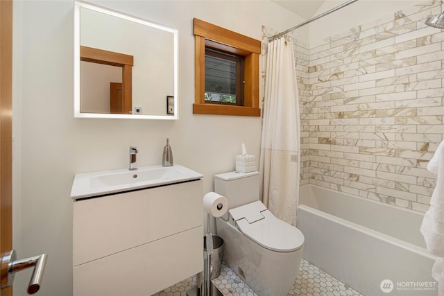 815 Carefree Way, Friday Harbor, WA 98250 - full bathroom with vanity, shower / bath combo with shower curtain, and tile patterned floors
