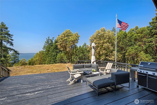 815 Carefree Way, Friday Harbor, WA 98250 - wooden terrace with an outdoor hangout area and area for grilling