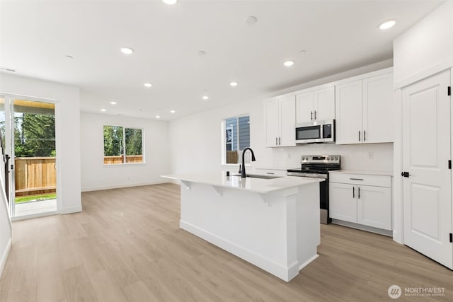 20620 97th Avenue St E Unit 16, Graham, WA 98338 - kitchen featuring appliances with stainless steel finishes, a sink, light wood-style flooring, decorative backsplash, and light countertops