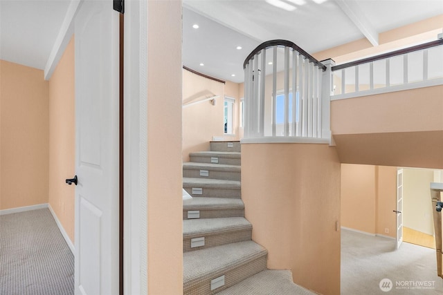 1550 N Narrows Dr, Tacoma, WA 98406 - stairs featuring carpet flooring, recessed lighting, and beamed ceiling
