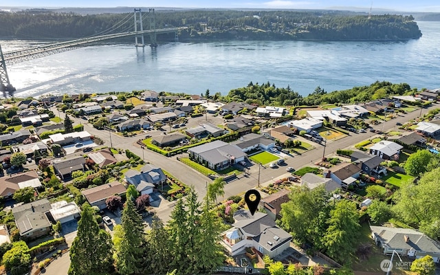 1550 N Narrows Dr, Tacoma, WA 98406 - aerial perspective of suburban area featuring a notable bridge and a nearby body of water