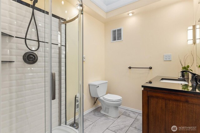 1550 N Narrows Dr, Tacoma, WA 98406 - full bath with vanity, toilet, a stall shower, marble look tiles, and baseboards