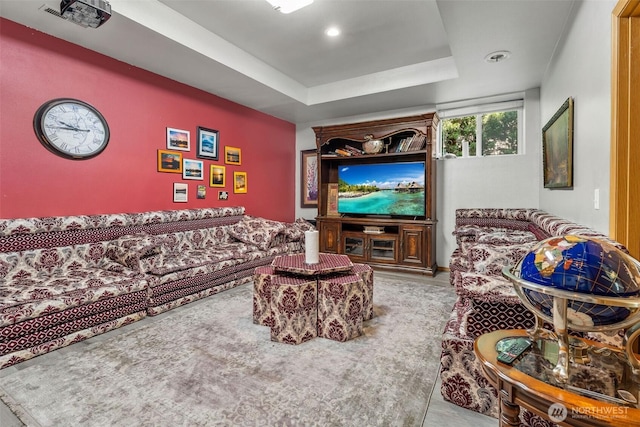6940 35th St W, University Place, WA 98466 - living room featuring recessed lighting and a tray ceiling