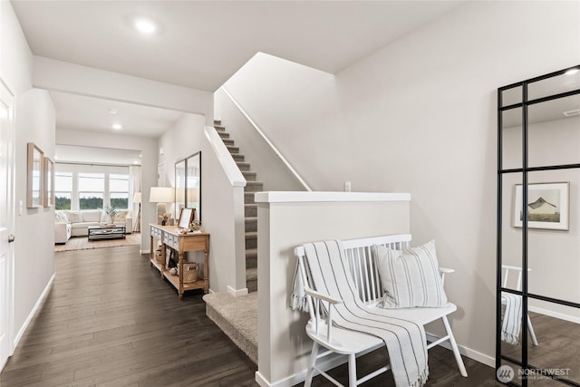 7318 281st Pl NW Unit 42, Stanwood, WA 98292 - hall featuring dark wood-style floors, recessed lighting, baseboards, and stairs