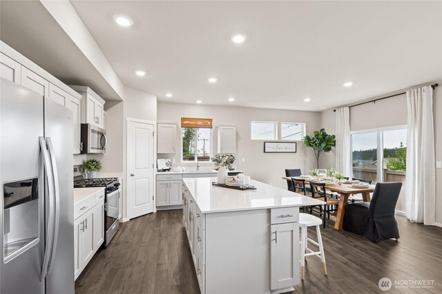 7318 281st Pl NW Unit 42, Stanwood, WA 98292 - kitchen with stainless steel appliances, a center island, a breakfast bar area, dark wood-type flooring, and recessed lighting