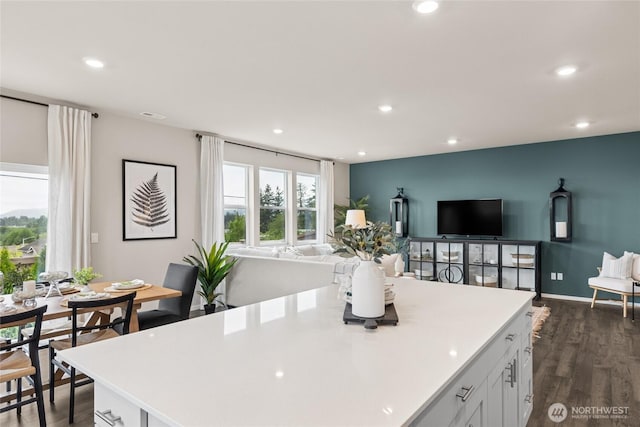 7318 281st Pl NW Unit 42, Stanwood, WA 98292 - kitchen featuring open floor plan, dark wood-style flooring, recessed lighting, white cabinetry, and light countertops