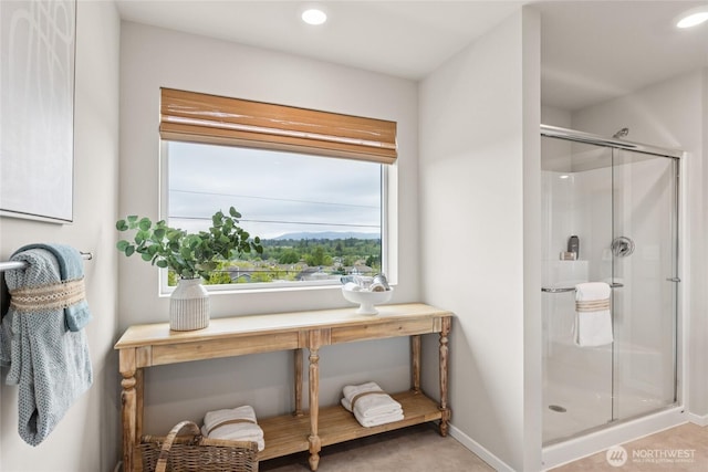 7318 281st Pl NW Unit 42, Stanwood, WA 98292 - bathroom featuring a shower stall, recessed lighting, and baseboards