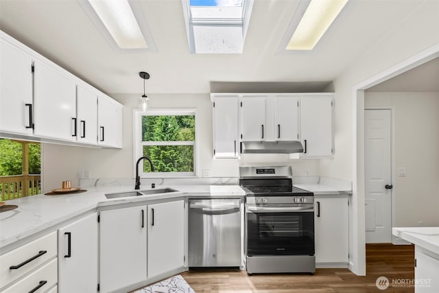 12323 Burchard Dr SW, Port Orchard, WA 98367 - kitchen with stainless steel appliances, a sink, a skylight, under cabinet range hood, and light wood-style floors