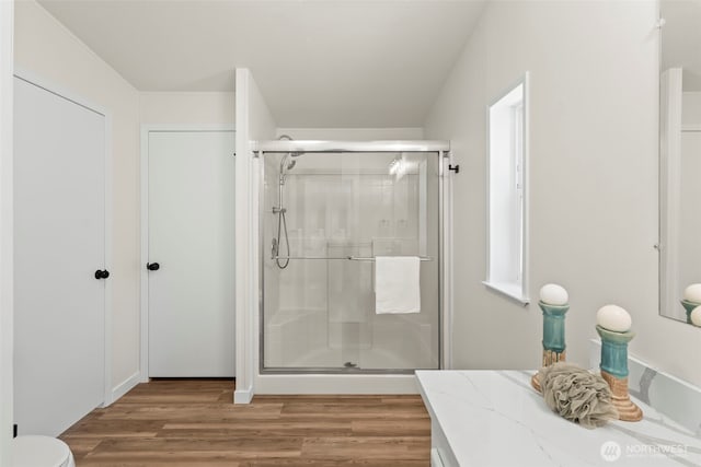 12323 Burchard Dr SW, Port Orchard, WA 98367 - full bathroom with a shower stall, wood finished floors, toilet, and vanity