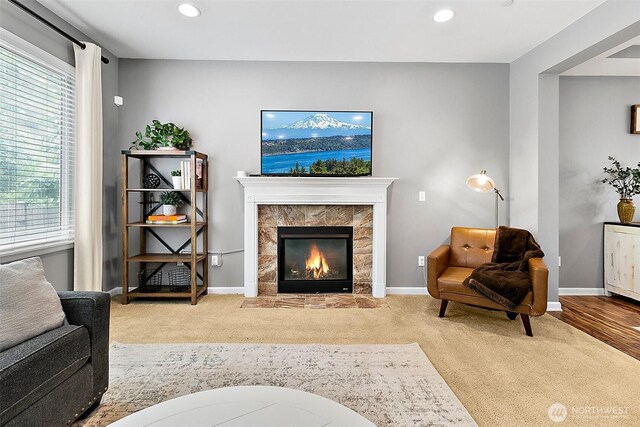 10508 174th Ave E, Bonney Lake, WA 98391 - living room featuring recessed lighting, a fireplace, carpet, and baseboards