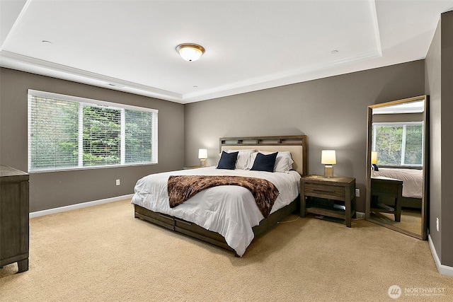 10508 174th Ave E, Bonney Lake, WA 98391 - bedroom featuring light carpet, a tray ceiling, and baseboards