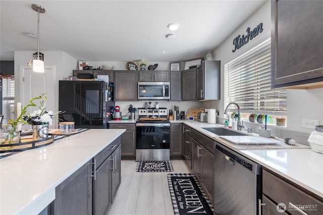 15028 Iverson Loop SE, Yelm, WA 98597 - kitchen featuring appliances with stainless steel finishes, a sink, plenty of natural light, and dark brown cabinetry