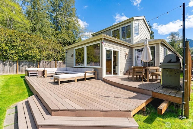 2 Greene Point Rd, Bellingham, WA 98229 - wooden deck featuring outdoor lounge area, outdoor dining space, and a grill