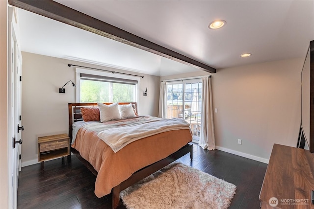 2 Greene Point Rd, Bellingham, WA 98229 - bedroom featuring dark wood-style floors, baseboards, access to exterior, recessed lighting, and beam ceiling
