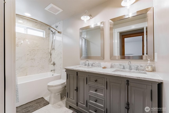 2 Greene Point Rd, Bellingham, WA 98229 - full bathroom featuring toilet, double vanity, bathing tub / shower combination, and marble finish floors
