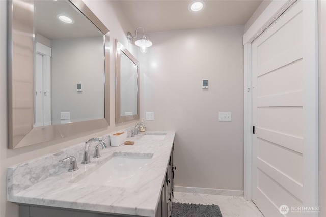 2 Greene Point Rd, Bellingham, WA 98229 - full bath with double vanity, baseboards, marble finish flooring, and recessed lighting