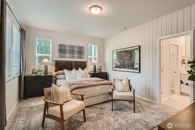 13461 192nd St E, Graham, WA 98338 - bedroom featuring multiple windows, baseboards, light carpet, and wallpapered walls
