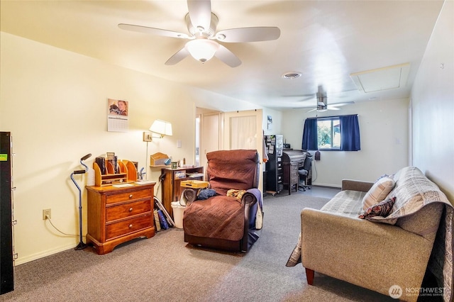11801 Rd K NE, Moses Lake, WA 98837 - living area with a ceiling fan, attic access, carpet floors, and baseboards