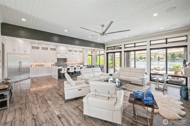 106 Shypoke Pl, Entiat, WA 98822 - living room with ceiling fan, recessed lighting, wood finished floors, and wood ceiling