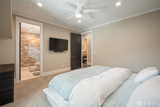 106 Shypoke Pl, Entiat, WA 98822 - carpeted bedroom with recessed lighting, wooden ceiling, a ceiling fan, ensuite bathroom, and ornamental molding