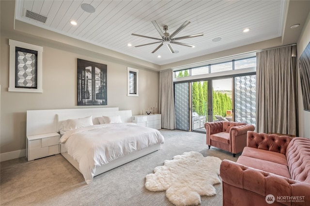 106 Shypoke Pl, Entiat, WA 98822 - bedroom with access to outside, light colored carpet, wood ceiling, recessed lighting, and baseboards