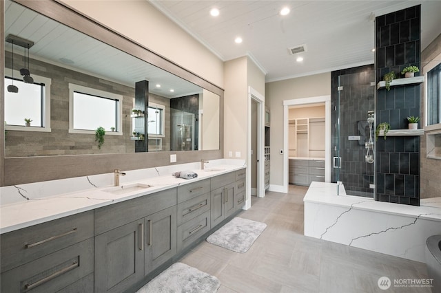 106 Shypoke Pl, Entiat, WA 98822 - full bath with double vanity, crown molding, a stall shower, a walk in closet, and recessed lighting