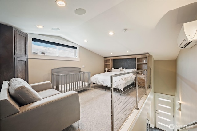 106 Shypoke Pl, Entiat, WA 98822 - bedroom with vaulted ceiling, recessed lighting, a wall unit AC, and carpet floors