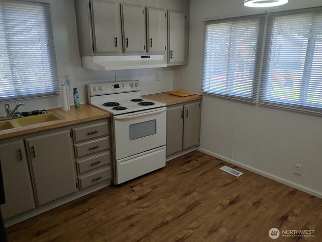 2200 196th St SE Unit 45, Bothell, WA 98012 - kitchen featuring white electric range, under cabinet range hood, a sink, wood finished floors, and light countertops