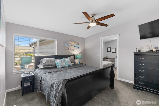 207 Moon River Vw SW, Mattawa, WA 99349 - bedroom featuring carpet flooring, baseboards, vaulted ceiling, connected bathroom, and ceiling fan