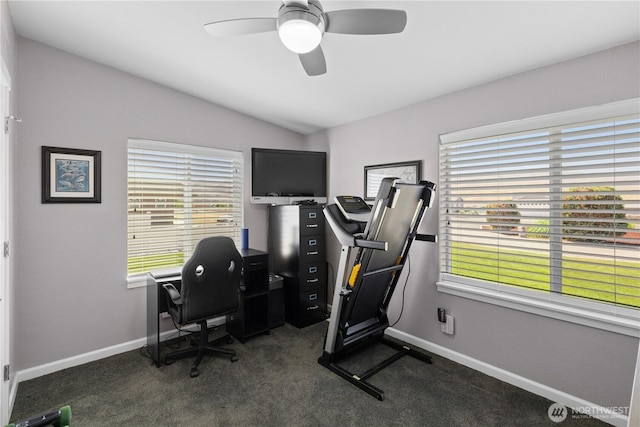 207 Moon River Vw SW, Mattawa, WA 99349 - carpeted office space featuring ceiling fan, vaulted ceiling, and baseboards